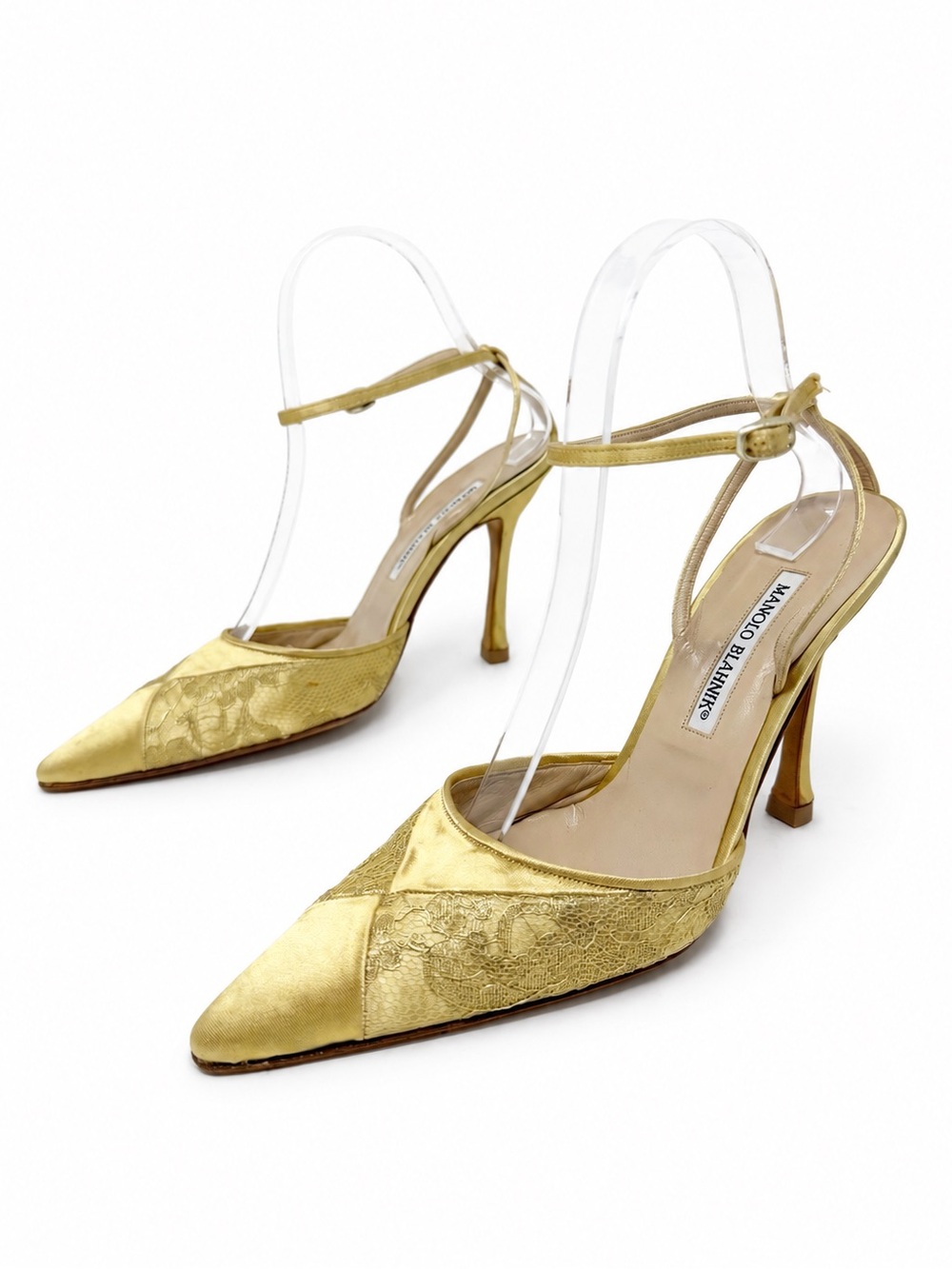 Manolo Blahnik Gold Lace Satin Ankle Strap Pointed Toe Heels Womens Size EU 37.5
